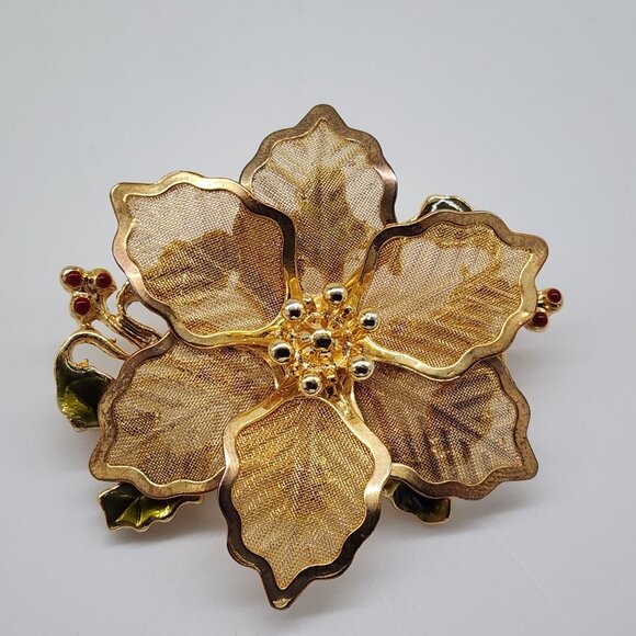 Kenneth Cole Mesh Christmas Poinsettia Brooch Signed Gold Tone Vintage - Picture 1 of 5